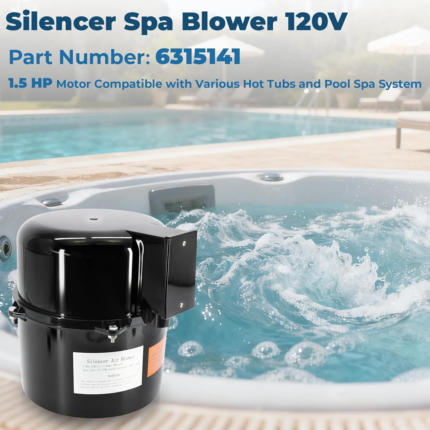 6315141 Silencer Spa Blower 1.5 HP 120 Volt 7.3 Amps Replacement for Air Supply, for use with 2 inch Plumbing, Quiet and Shock-Absorbing, Easy Installation, for Pool Hot Tub & Spa